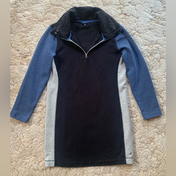 EUC NAUTICA PULLOVER ZIP FRONT SWEATSHIRT DRESS IN BLUE/GRAY/BLACK WOMENS SIZE M - Picture 3 of 14